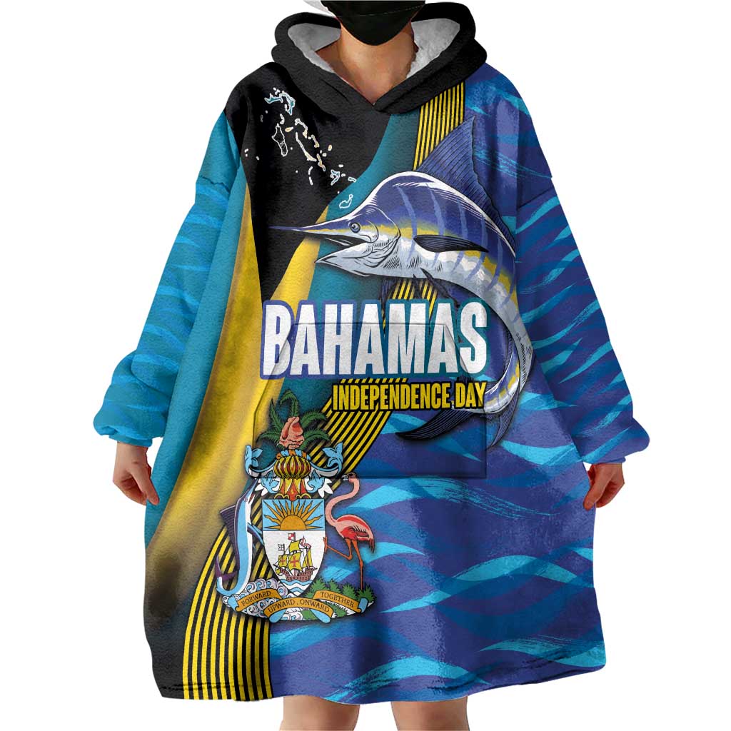Bahamas Independence Day Wearable Blanket Hoodie National Flag Style with Blue Marlin and Emblem
