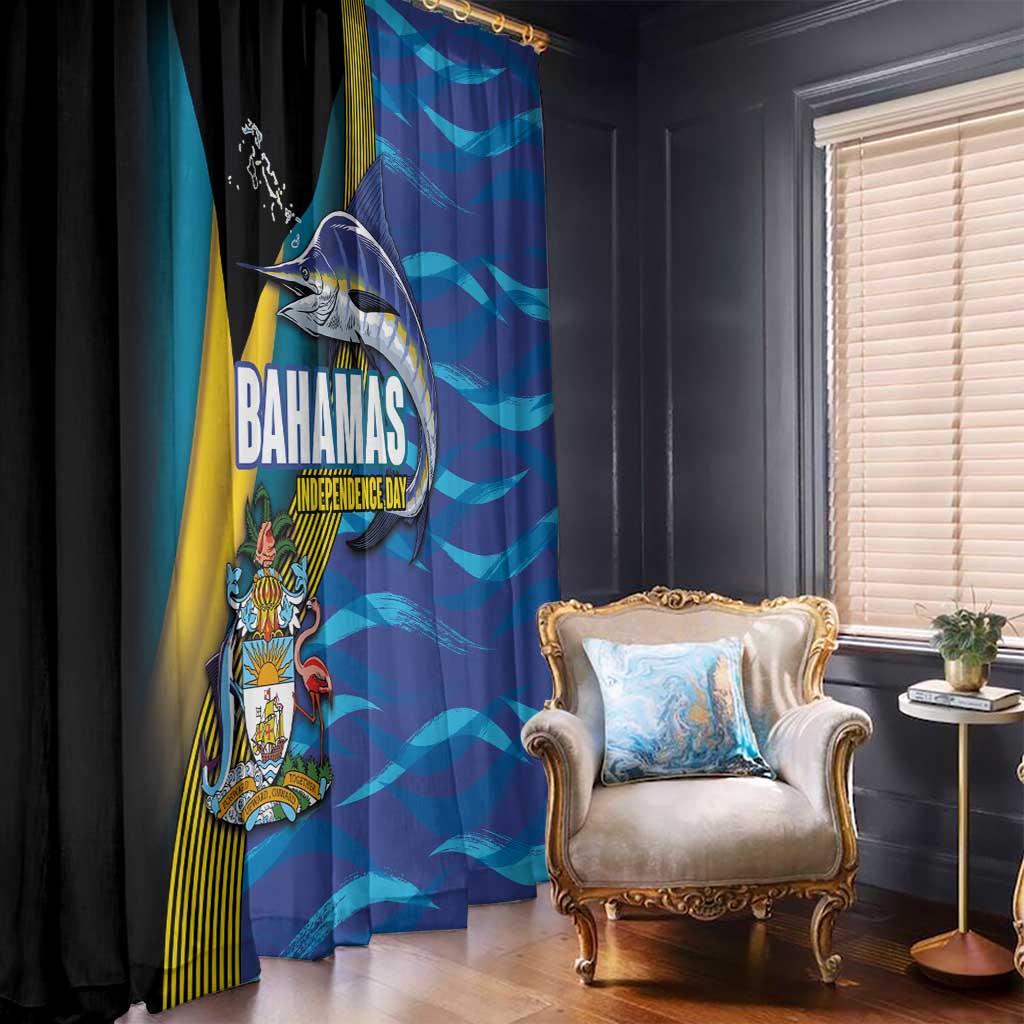 Bahamas Independence Day Window Curtain National Flag Style with Blue Marlin and Emblem