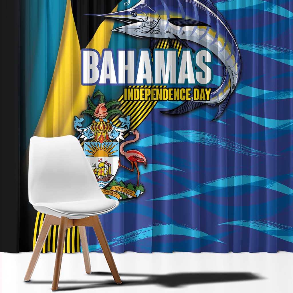 Bahamas Independence Day Window Curtain National Flag Style with Blue Marlin and Emblem
