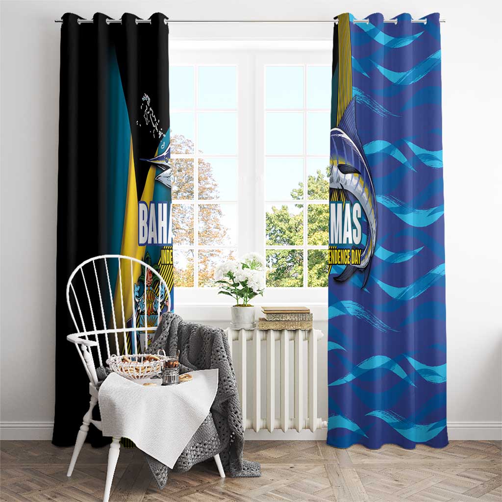 Bahamas Independence Day Window Curtain National Flag Style with Blue Marlin and Emblem