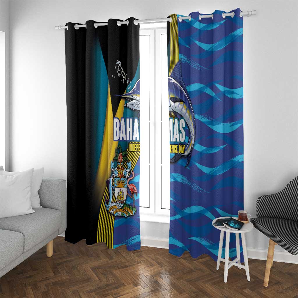 Bahamas Independence Day Window Curtain National Flag Style with Blue Marlin and Emblem
