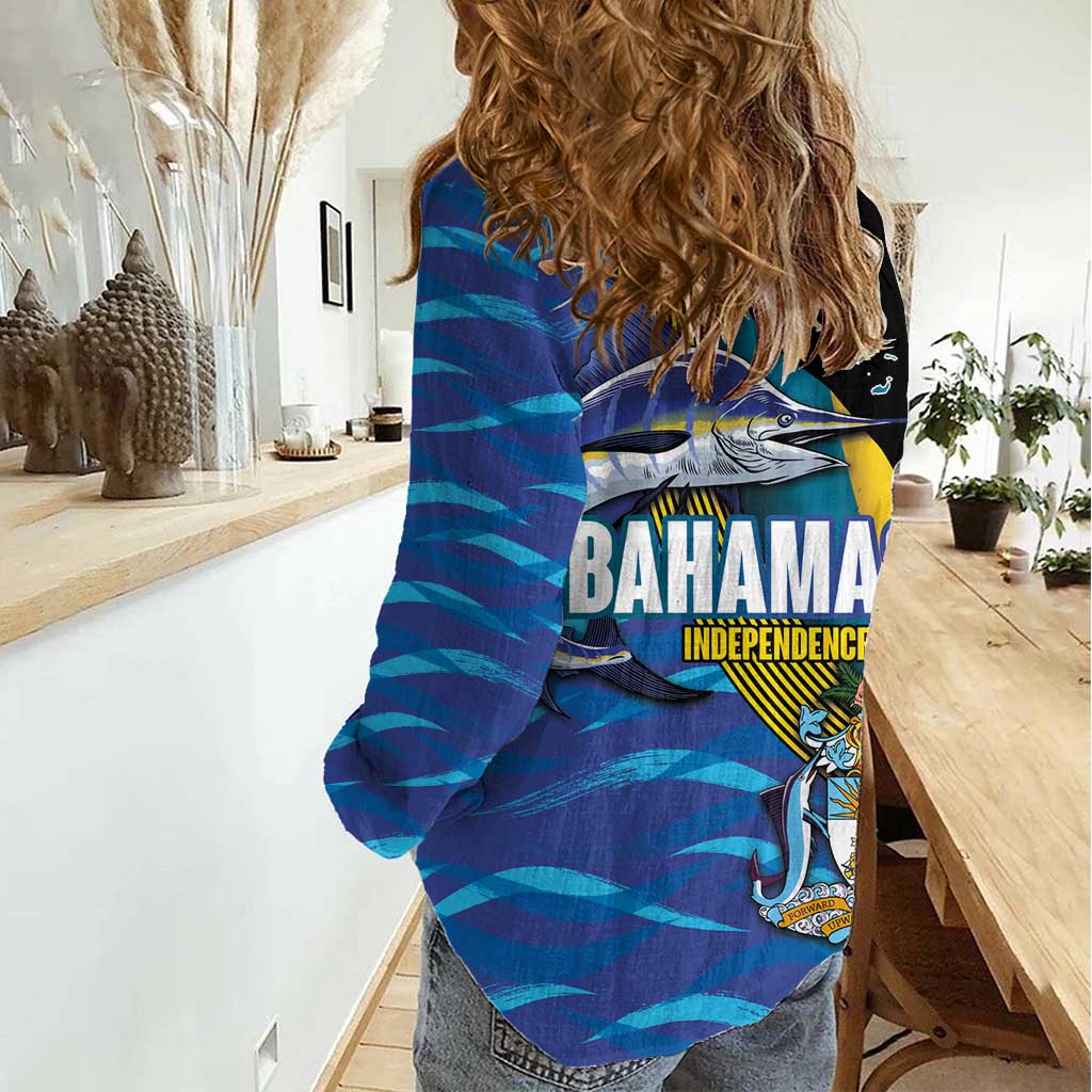 Bahamas Independence Day Women Casual Shirt National Flag Style with Blue Marlin and Emblem