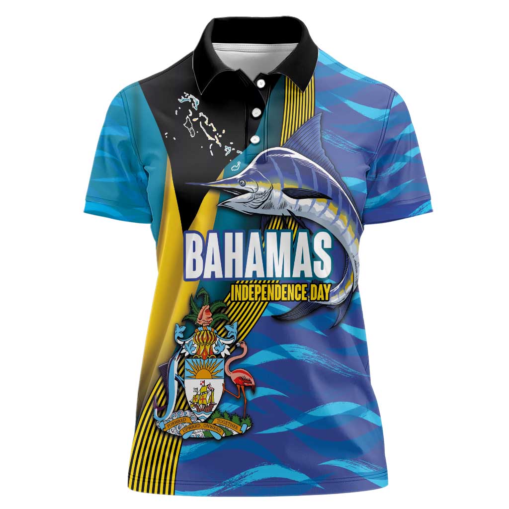 Bahamas Independence Day Women Polo Shirt National Flag Style with Blue Marlin and Emblem