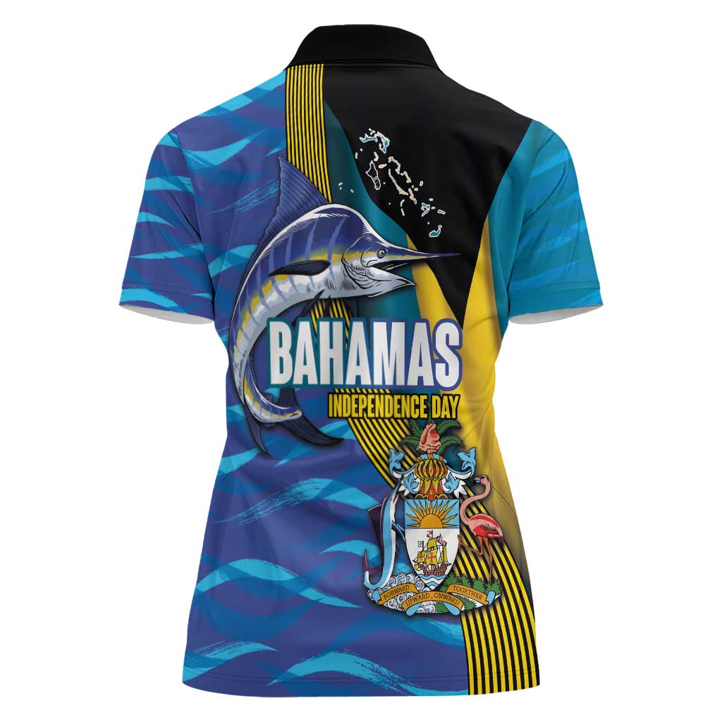 Bahamas Independence Day Women Polo Shirt National Flag Style with Blue Marlin and Emblem