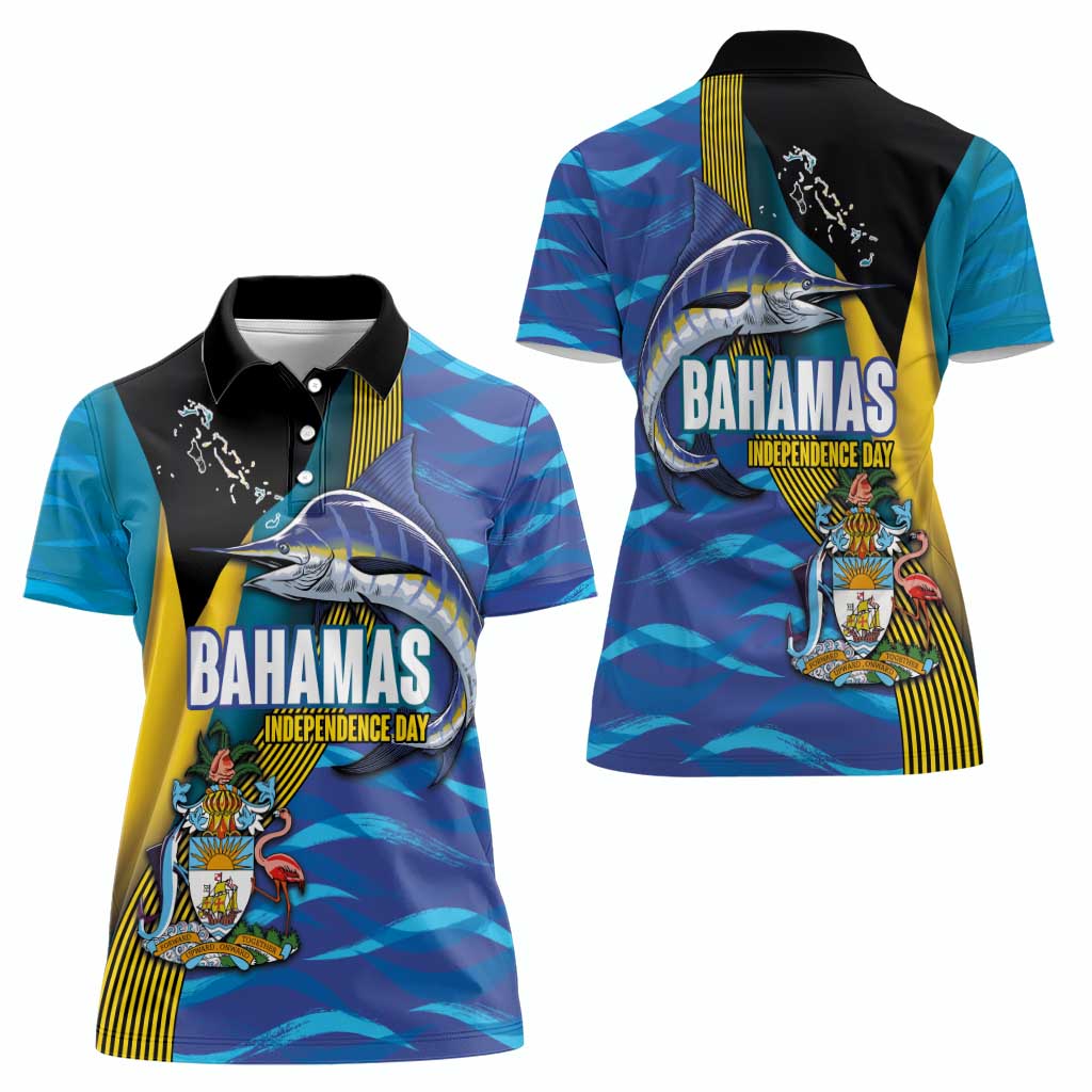 Bahamas Independence Day Women Polo Shirt National Flag Style with Blue Marlin and Emblem