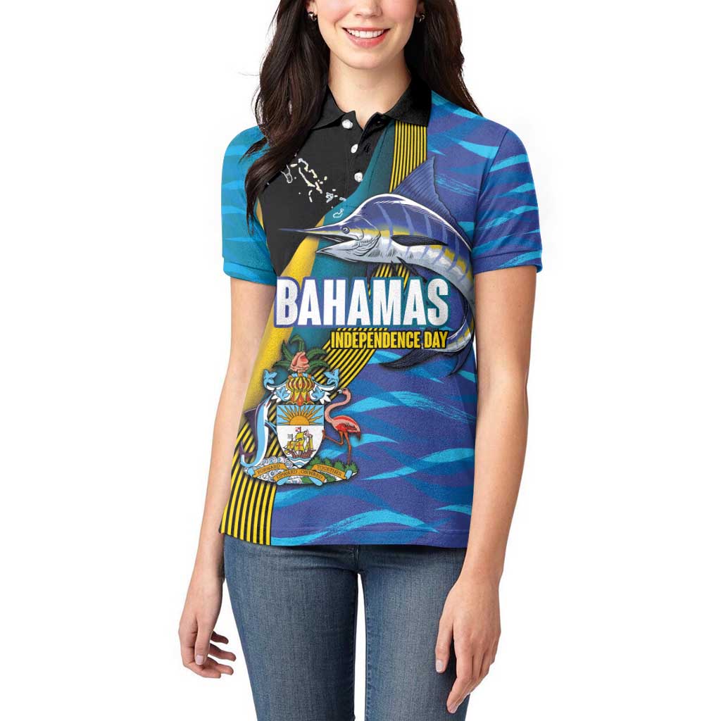 Bahamas Independence Day Women Polo Shirt National Flag Style with Blue Marlin and Emblem