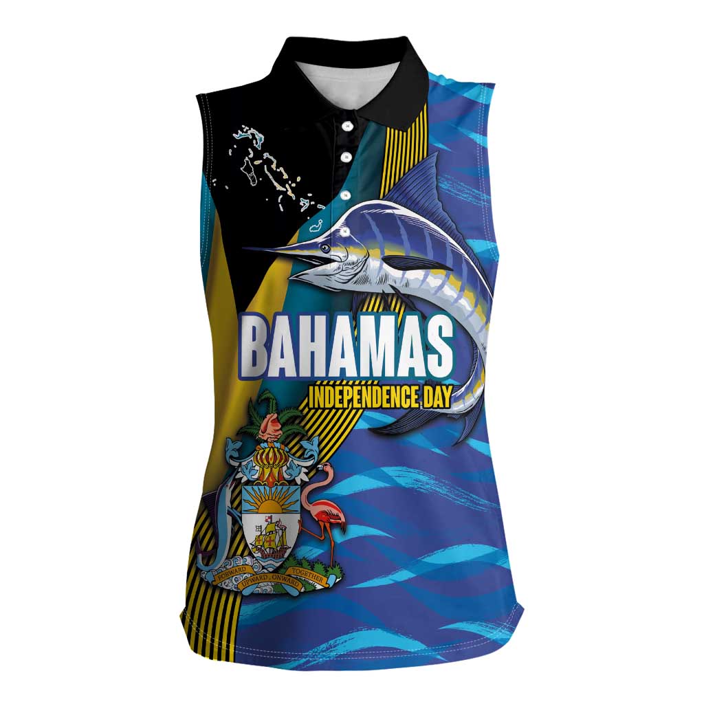 Bahamas Independence Day Women Sleeveless Polo Shirt National Flag Style with Blue Marlin and Emblem