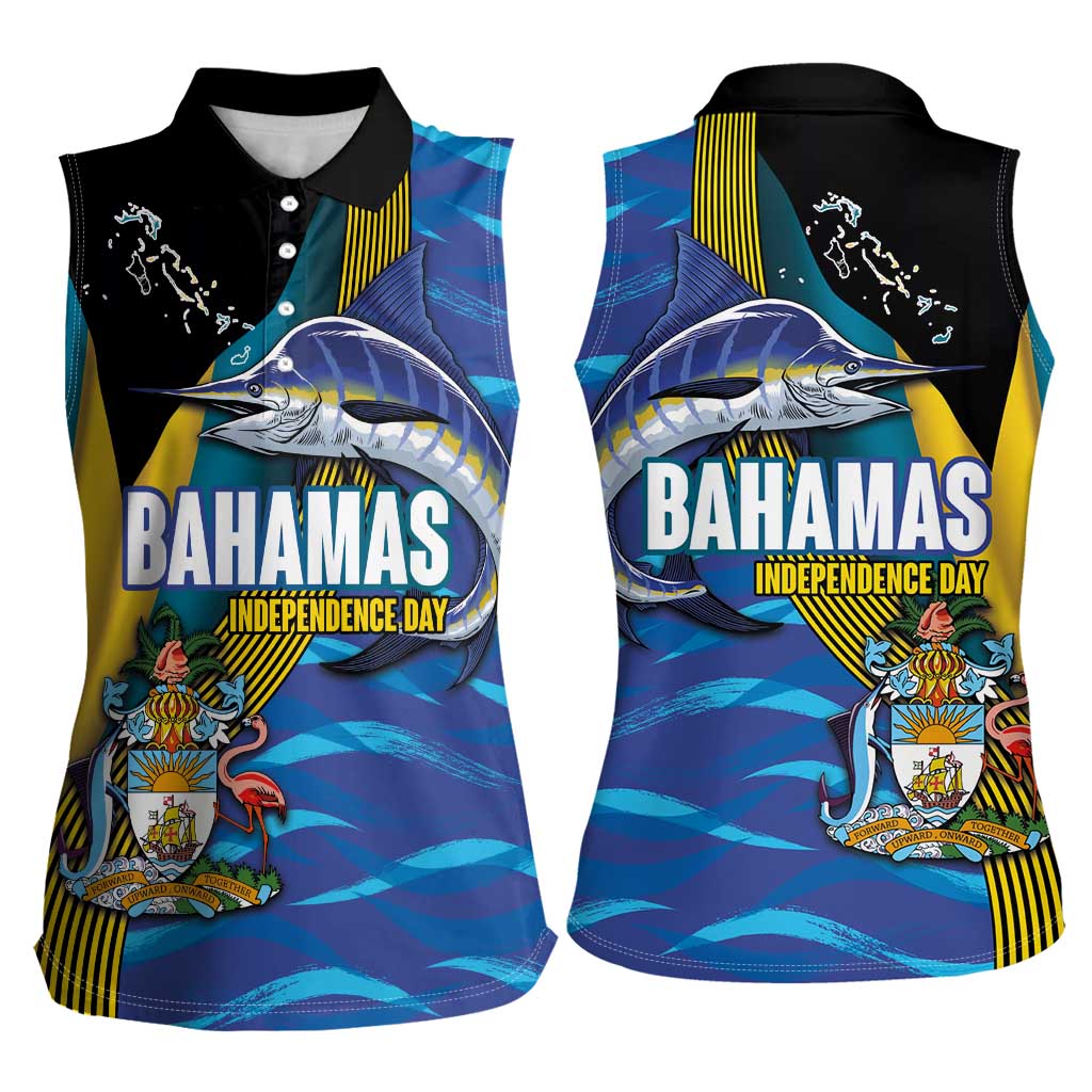 Bahamas Independence Day Women Sleeveless Polo Shirt National Flag Style with Blue Marlin and Emblem