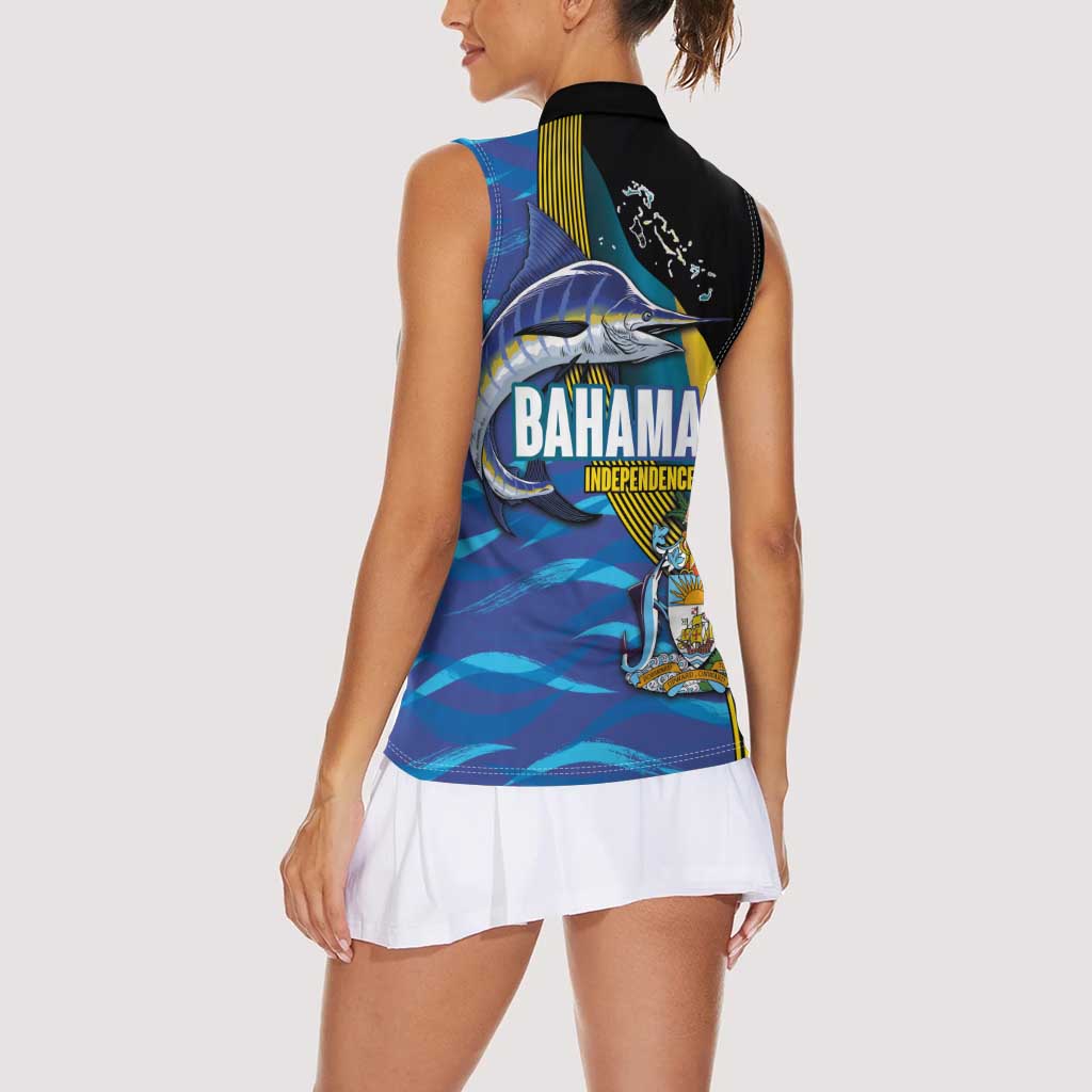 Bahamas Independence Day Women Sleeveless Polo Shirt National Flag Style with Blue Marlin and Emblem