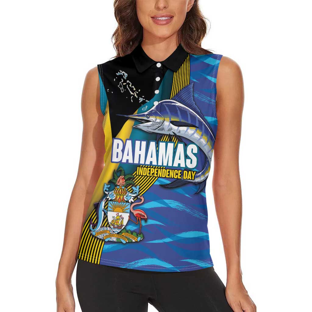 Bahamas Independence Day Women Sleeveless Polo Shirt National Flag Style with Blue Marlin and Emblem