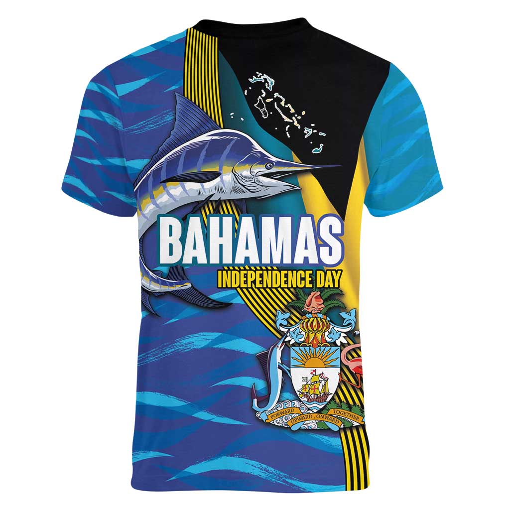 Bahamas Independence Day Women V-Neck T-Shirt National Flag Style with Blue Marlin and Emblem