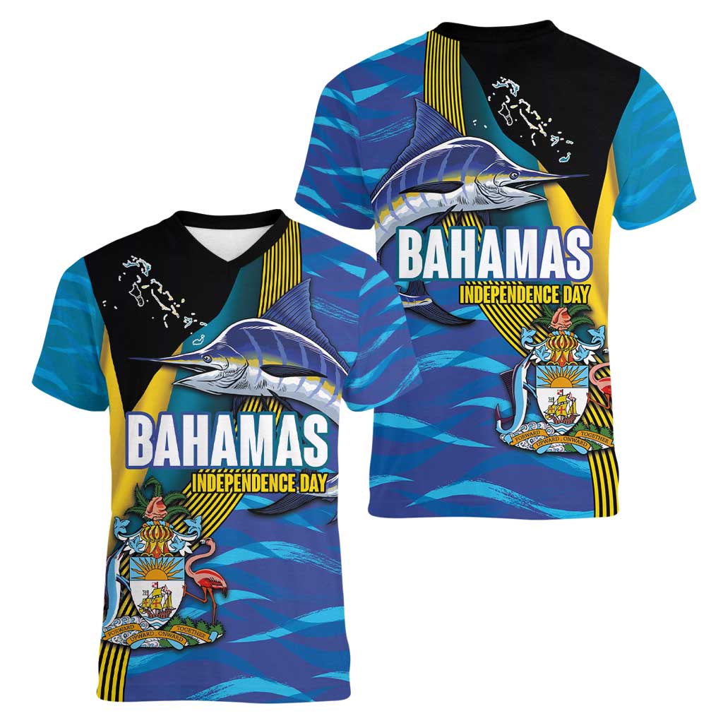 Bahamas Independence Day Women V-Neck T-Shirt National Flag Style with Blue Marlin and Emblem