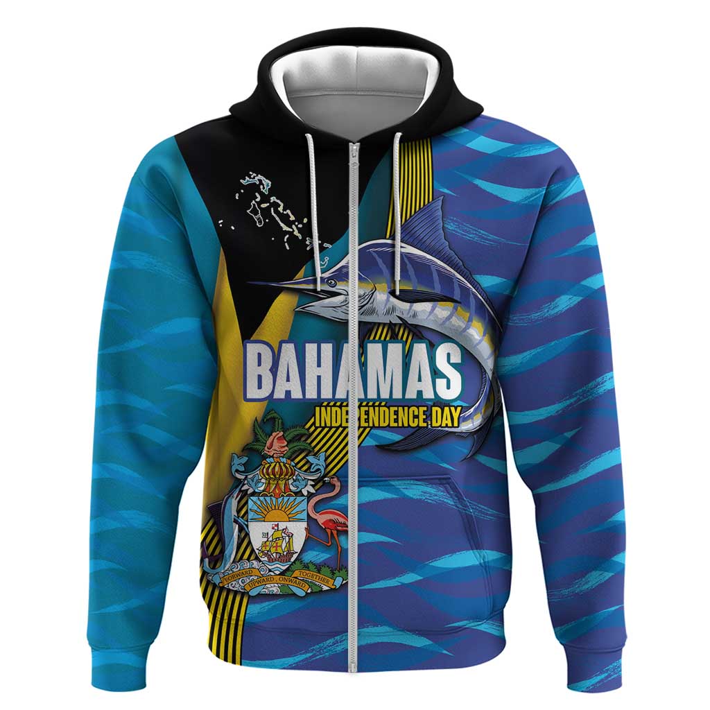 Bahamas Independence Day Zip Hoodie National Flag Style with Blue Marlin and Emblem
