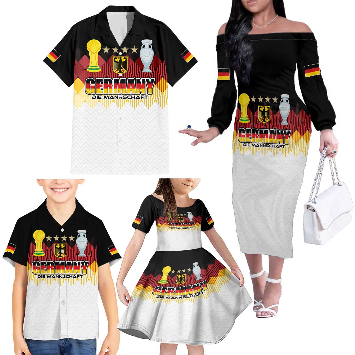 Custom Germany Football Family Matching Off The Shoulder Long Sleeve Dress and Hawaiian Shirt Die Mannschaft Championship Titles World and Euro - Wonder Print Shop