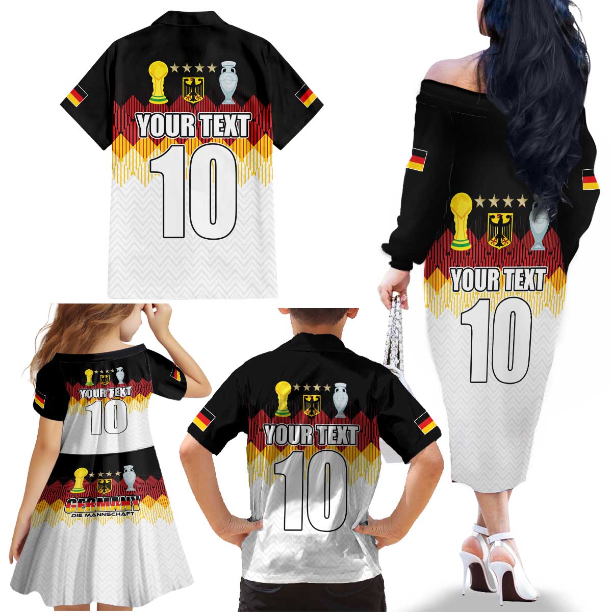 Custom Germany Football Family Matching Off The Shoulder Long Sleeve Dress and Hawaiian Shirt Die Mannschaft Championship Titles World and Euro - Wonder Print Shop