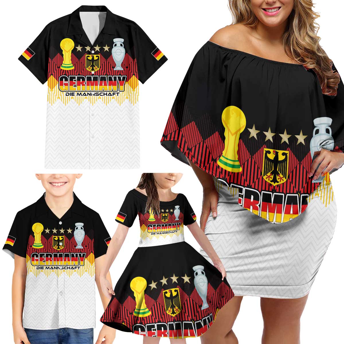 Custom Germany Football Family Matching Off Shoulder Short Dress and Hawaiian Shirt Die Mannschaft Championship Titles World and Euro - Wonder Print Shop