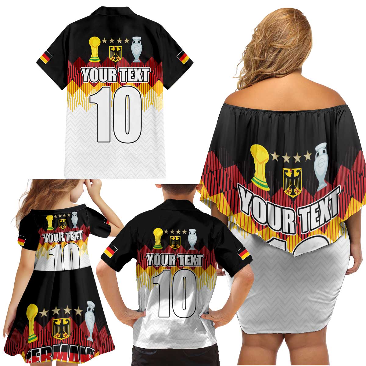 Custom Germany Football Family Matching Off Shoulder Short Dress and Hawaiian Shirt Die Mannschaft Championship Titles World and Euro - Wonder Print Shop