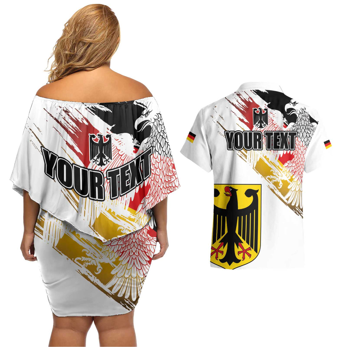 Personalised Germany Seal and Eagle Grunge Flag Couples Matching Off Shoulder Short Dress and Hawaiian Shirt - Wonder Print Shop