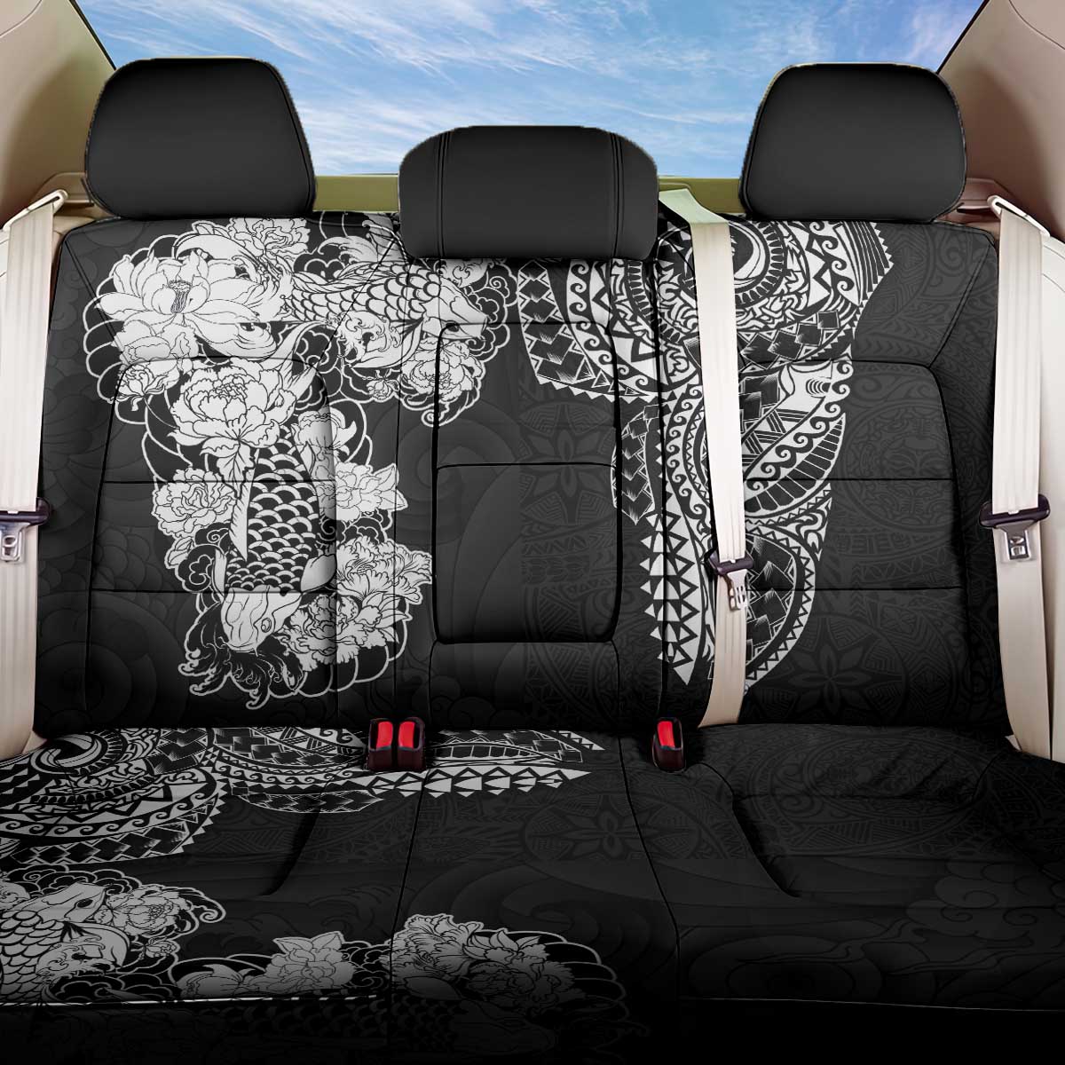 Japanese Irezumi and Hawaiian Polynesian Art Tattoo Back Car Seat Cover Black Color - Wonder Print Shop