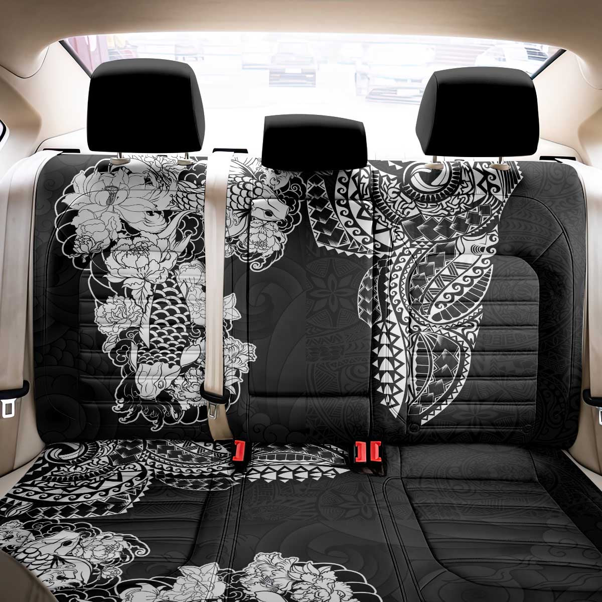 Japanese Irezumi and Hawaiian Polynesian Art Tattoo Back Car Seat Cover Black Color - Wonder Print Shop