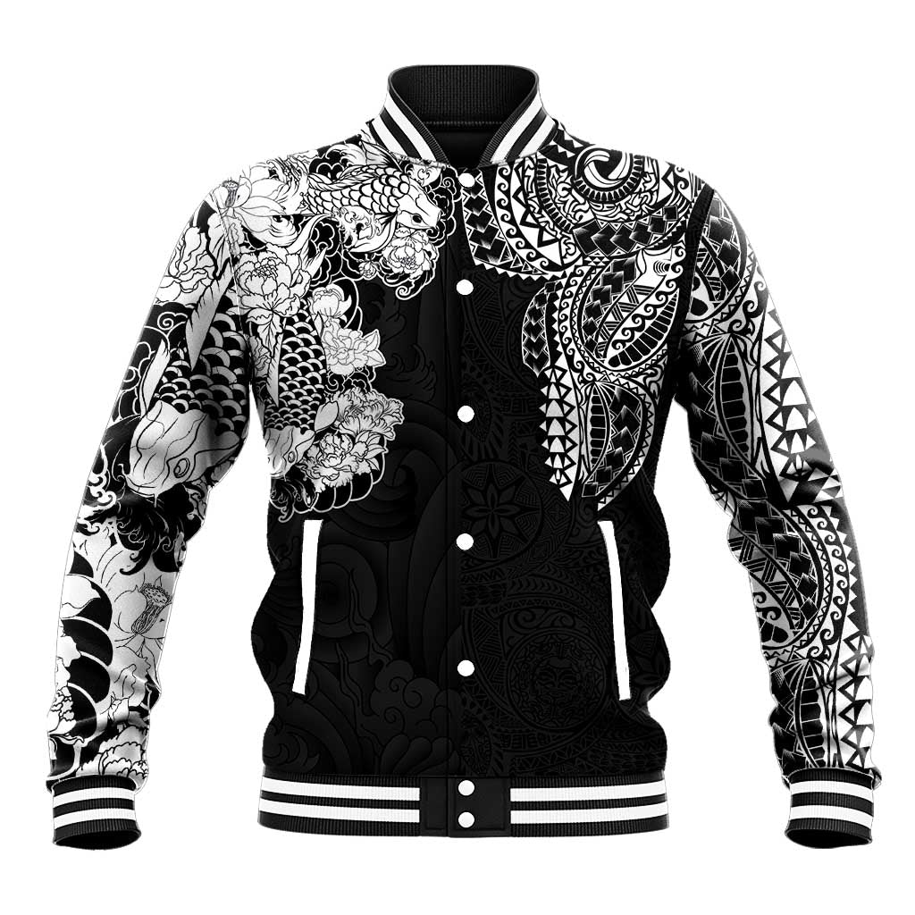 Japanese Irezumi and Hawaiian Polynesian Art Tattoo Baseball Jacket Black Color - Wonder Print Shop