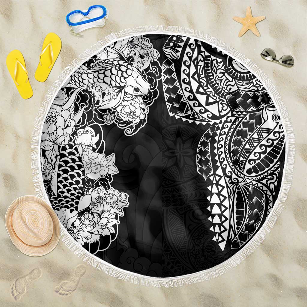 Japanese Irezumi and Hawaiian Polynesian Art Tattoo Beach Blanket Black Color - Wonder Print Shop