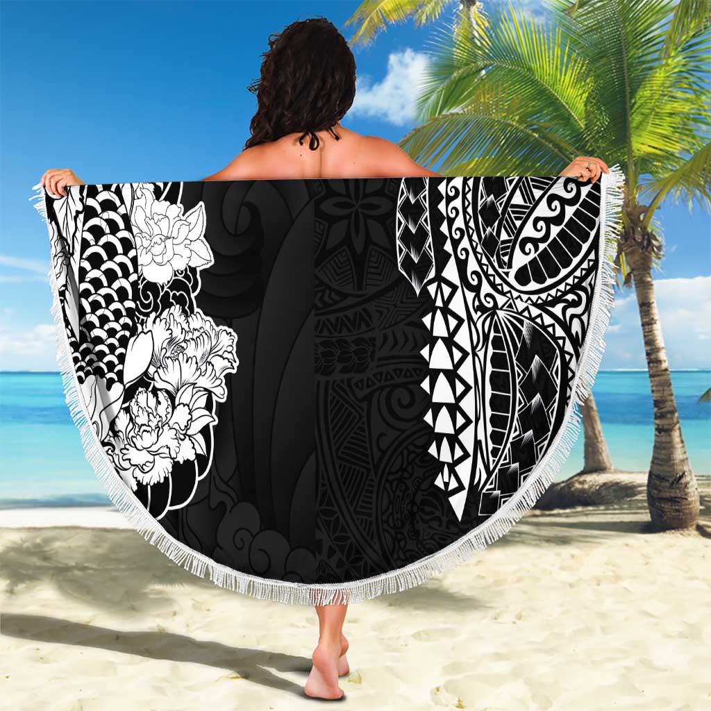 Japanese Irezumi and Hawaiian Polynesian Art Tattoo Beach Blanket Black Color - Wonder Print Shop