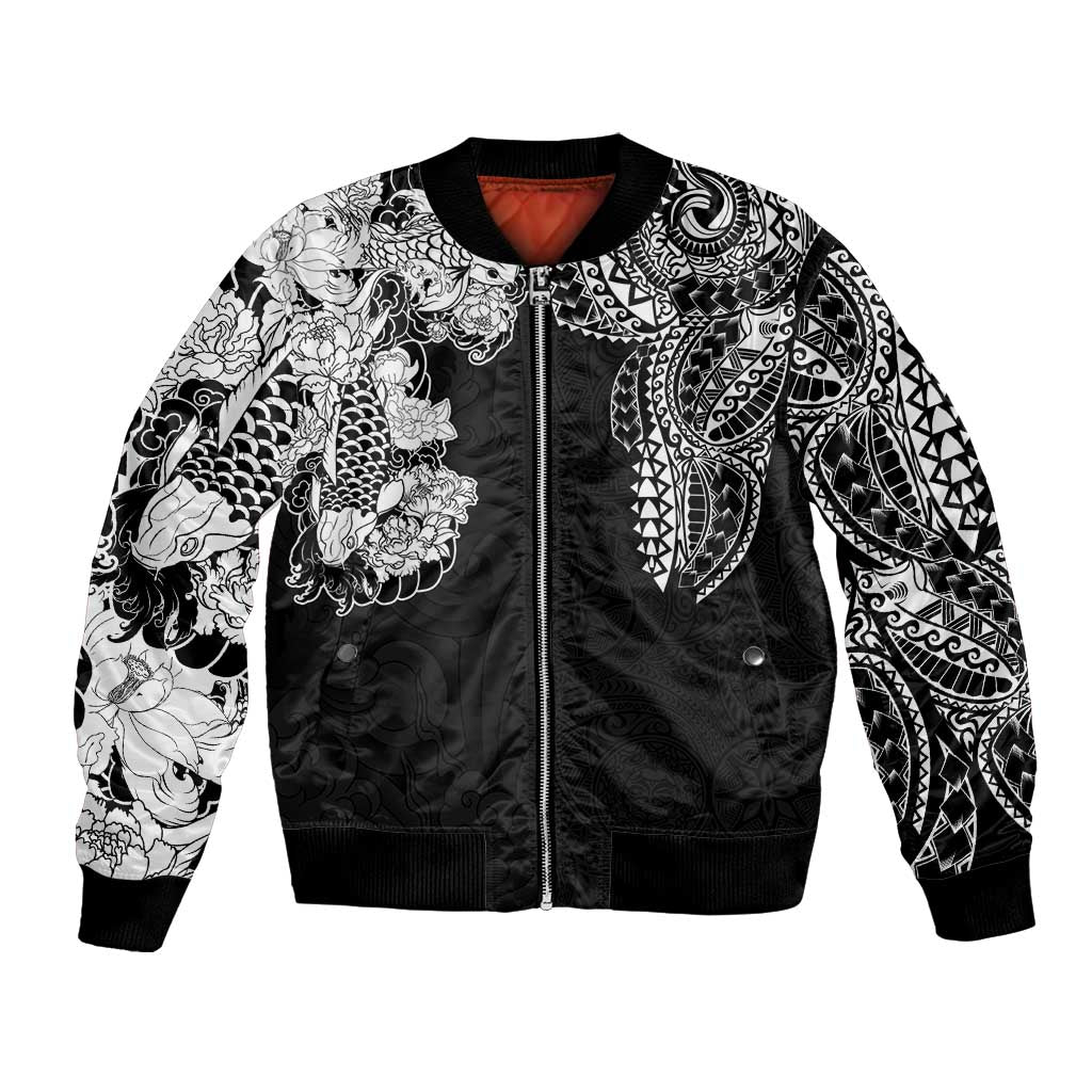 Japanese Irezumi and Hawaiian Polynesian Art Tattoo Bomber Jacket Black Color - Wonder Print Shop