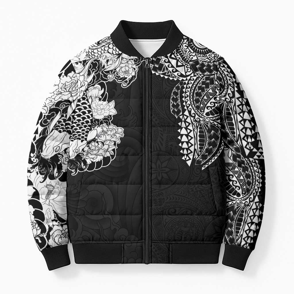 Japanese Irezumi and Hawaiian Polynesian Art Tattoo Bomber Puffer Jacket Black Color - Wonder Print Shop