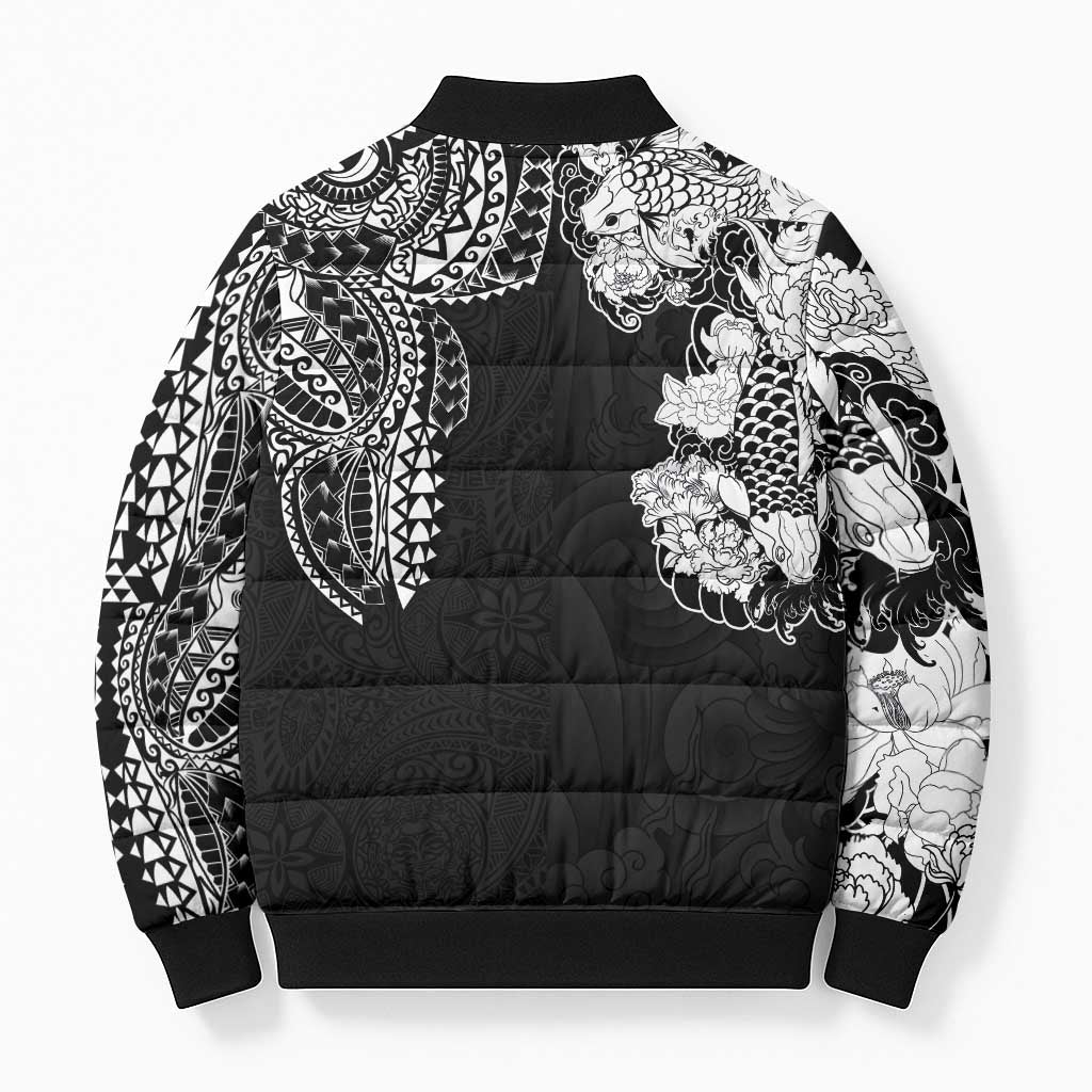 Japanese Irezumi and Hawaiian Polynesian Art Tattoo Bomber Puffer Jacket Black Color - Wonder Print Shop