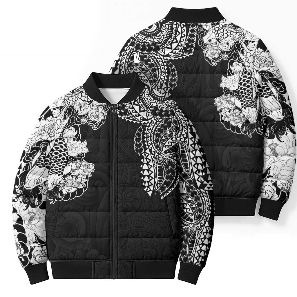 Japanese Irezumi and Hawaiian Polynesian Art Tattoo Bomber Puffer Jacket Black Color - Wonder Print Shop