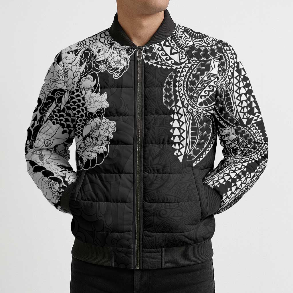 Japanese Irezumi and Hawaiian Polynesian Art Tattoo Bomber Puffer Jacket Black Color - Wonder Print Shop