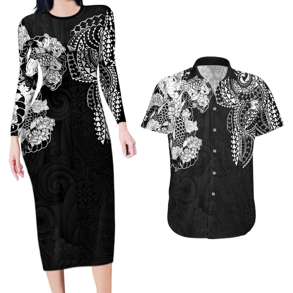 Japanese Irezumi and Hawaiian Polynesian Art Tattoo Couples Matching Long Sleeve Bodycon Dress and Hawaiian Shirt Black Color - Wonder Print Shop