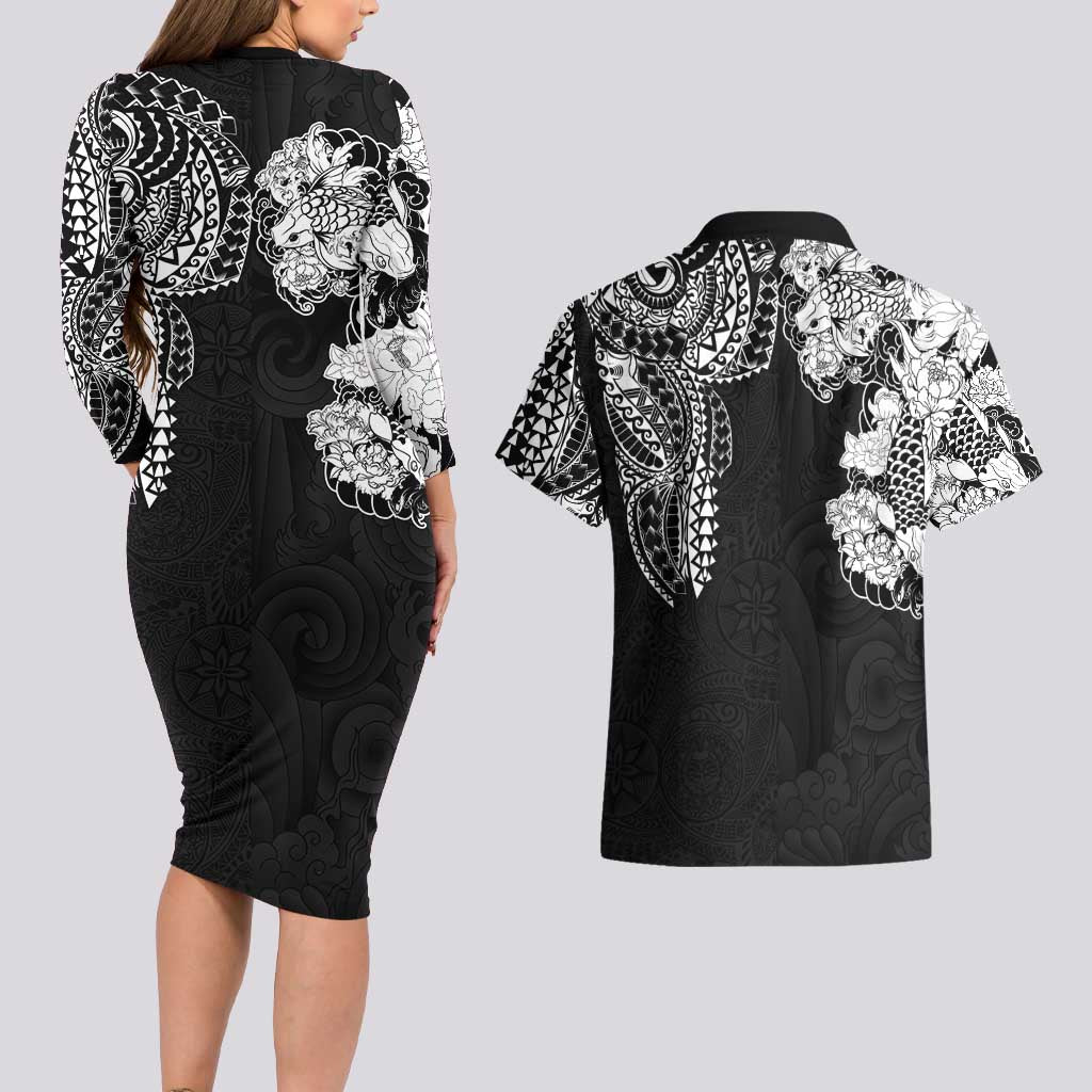 Japanese Irezumi and Hawaiian Polynesian Art Tattoo Couples Matching Long Sleeve Bodycon Dress and Hawaiian Shirt Black Color - Wonder Print Shop
