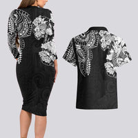 Japanese Irezumi and Hawaiian Polynesian Art Tattoo Couples Matching Long Sleeve Bodycon Dress and Hawaiian Shirt Black Color - Wonder Print Shop