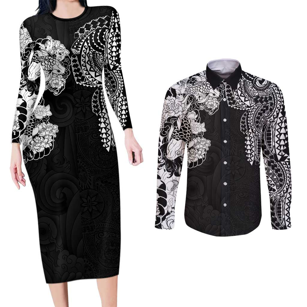 Japanese Irezumi and Hawaiian Polynesian Art Tattoo Couples Matching Long Sleeve Bodycon Dress and Long Sleeve Button Shirt Black Color - Wonder Print Shop