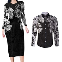 Japanese Irezumi and Hawaiian Polynesian Art Tattoo Couples Matching Long Sleeve Bodycon Dress and Long Sleeve Button Shirt Black Color - Wonder Print Shop