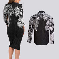 Japanese Irezumi and Hawaiian Polynesian Art Tattoo Couples Matching Long Sleeve Bodycon Dress and Long Sleeve Button Shirt Black Color - Wonder Print Shop