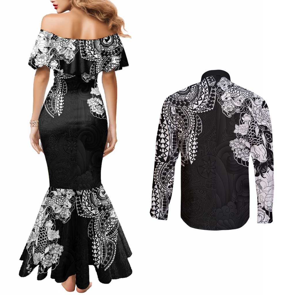 Japanese Irezumi and Hawaiian Polynesian Art Tattoo Couples Matching Mermaid Dress and Long Sleeve Button Shirt Black Color - Wonder Print Shop