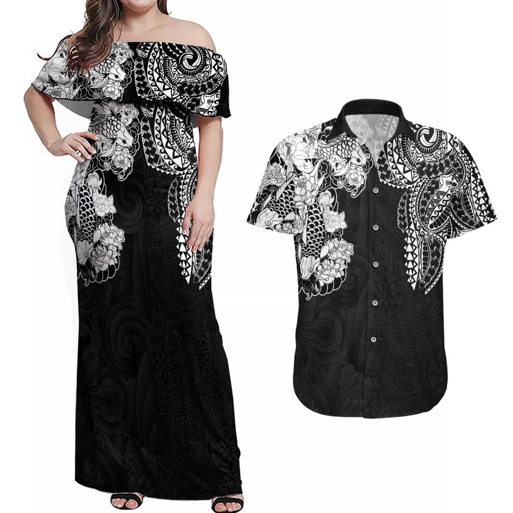 Japanese Irezumi and Hawaiian Polynesian Art Tattoo Couples Matching Off Shoulder Maxi Dress and Hawaiian Shirt Black Color - Wonder Print Shop