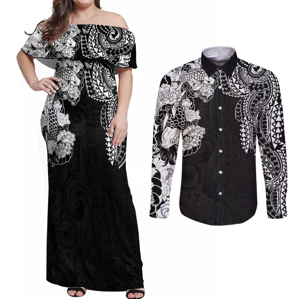 Japanese Irezumi and Hawaiian Polynesian Art Tattoo Couples Matching Off Shoulder Maxi Dress and Long Sleeve Button Shirt Black Color - Wonder Print Shop