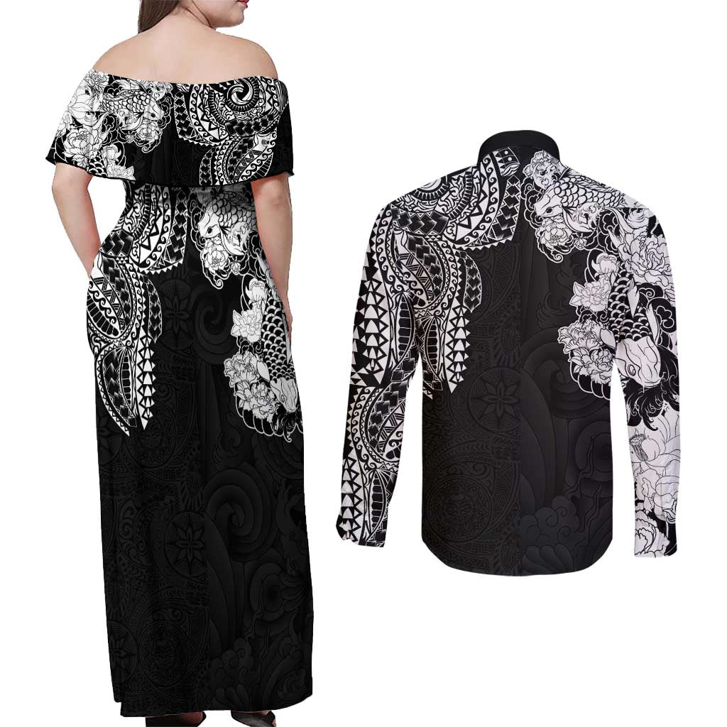 Japanese Irezumi and Hawaiian Polynesian Art Tattoo Couples Matching Off Shoulder Maxi Dress and Long Sleeve Button Shirt Black Color - Wonder Print Shop