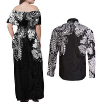 Japanese Irezumi and Hawaiian Polynesian Art Tattoo Couples Matching Off Shoulder Maxi Dress and Long Sleeve Button Shirt Black Color - Wonder Print Shop