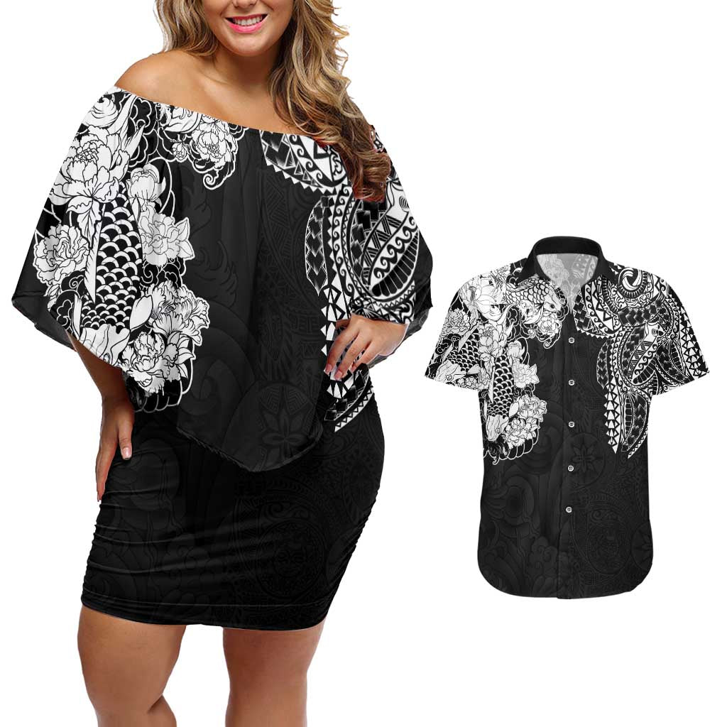 Japanese Irezumi and Hawaiian Polynesian Art Tattoo Couples Matching Off Shoulder Short Dress and Hawaiian Shirt Black Color - Wonder Print Shop