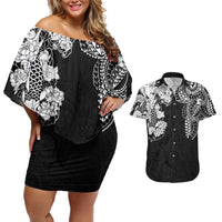 Japanese Irezumi and Hawaiian Polynesian Art Tattoo Couples Matching Off Shoulder Short Dress and Hawaiian Shirt Black Color - Wonder Print Shop
