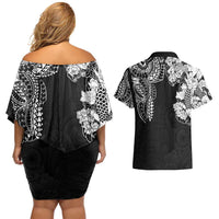 Japanese Irezumi and Hawaiian Polynesian Art Tattoo Couples Matching Off Shoulder Short Dress and Hawaiian Shirt Black Color - Wonder Print Shop