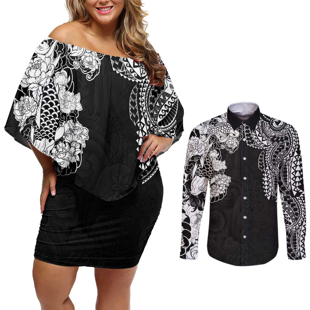 Japanese Irezumi and Hawaiian Polynesian Art Tattoo Couples Matching Off Shoulder Short Dress and Long Sleeve Button Shirt Black Color - Wonder Print Shop