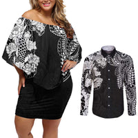 Japanese Irezumi and Hawaiian Polynesian Art Tattoo Couples Matching Off Shoulder Short Dress and Long Sleeve Button Shirt Black Color - Wonder Print Shop