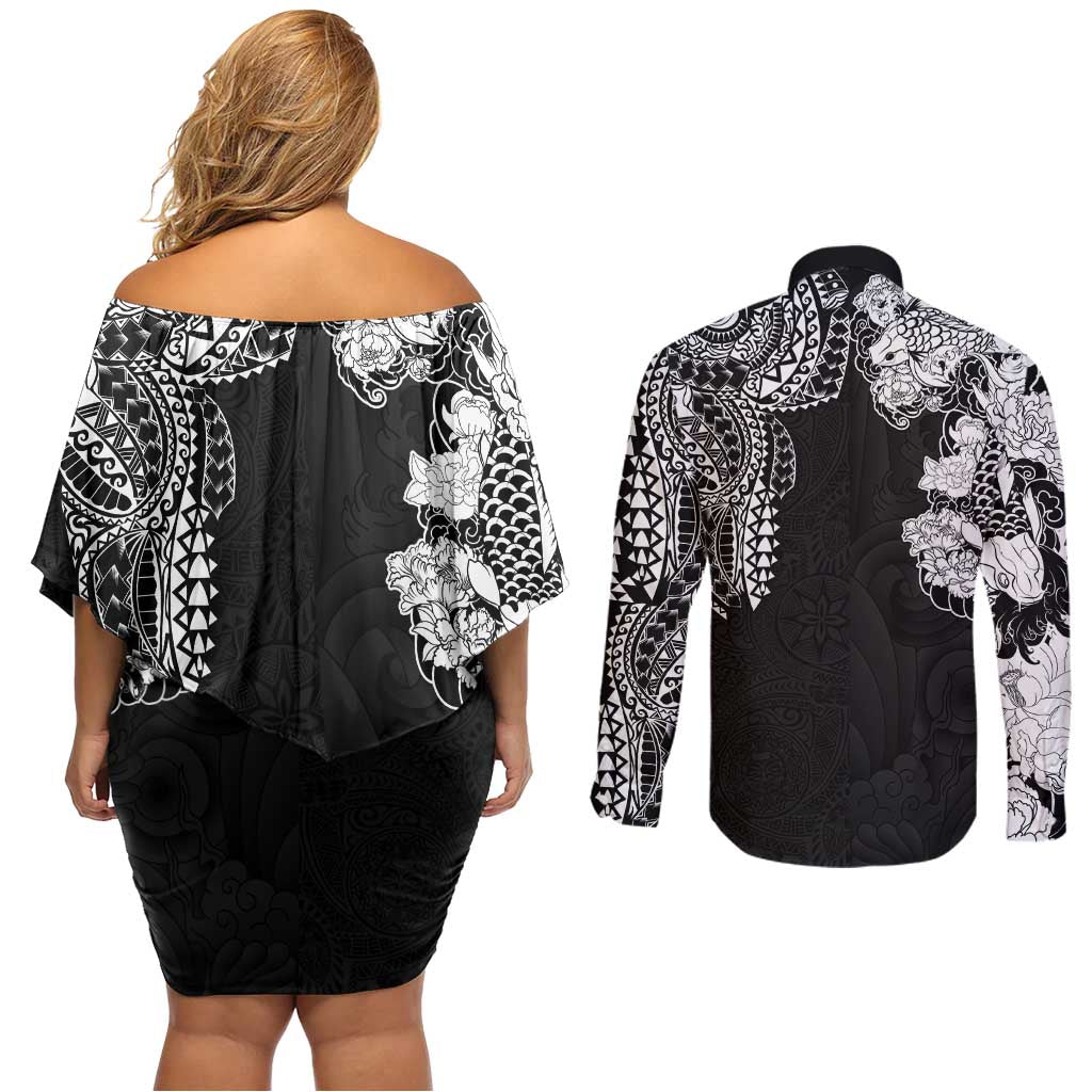 Japanese Irezumi and Hawaiian Polynesian Art Tattoo Couples Matching Off Shoulder Short Dress and Long Sleeve Button Shirt Black Color - Wonder Print Shop