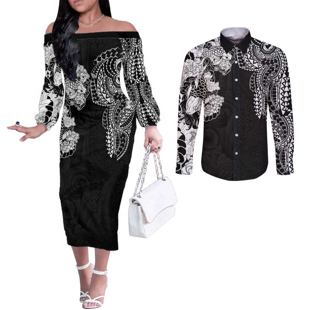 Japanese Irezumi and Hawaiian Polynesian Art Tattoo Couples Matching Off The Shoulder Long Sleeve Dress and Long Sleeve Button Shirt Black Color - Wonder Print Shop